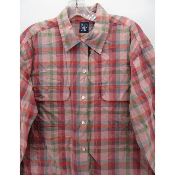 VINTAGE Gap Top Medium Shirt Loop Collar Button Up Plaid 90s Field * - Picture 2 of 12